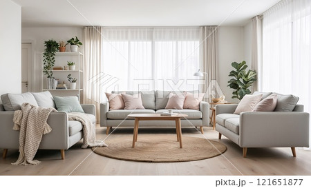 Modern cozy living room with neutral furniture and plants Modern cozy living room with neutral furniture and plants 121651877