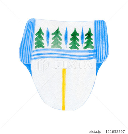 Illustration of a baby disposable diaper. Made in watercolor technique. Disposable panties are white, the drawing is done by hand Illustration of a baby disposable diaper. Made in watercolor technique. Disposable panties are white, the drawing is done by hand 121652297