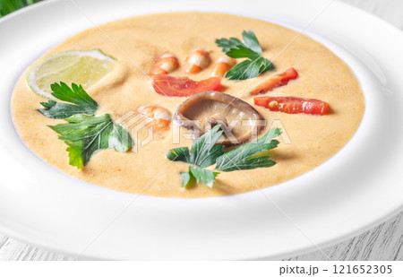 Creamy Tom Yum Soup with Shrimp and Coconut Milk, Thai Cuisine Creamy Tom Yum Soup with Shrimp and Coconut Milk, Thai Cuisine 121652305