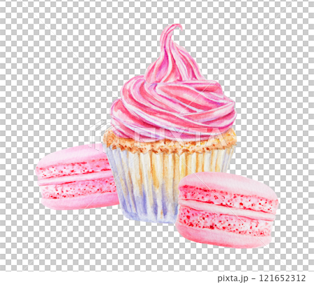 Watercolor illustration of cupcake with vibrant pink swirled frosting and macarons. Isolated clipart is perfect for bakery branding, dessert menu, food-related design, greeting cards, party projects Watercolor illustration of cupcake with vibrant pink swirled frosting and macarons. Isolated clipart is perfect for bakery branding, dessert menu, food-related design, greeting cards, party projects 121652312