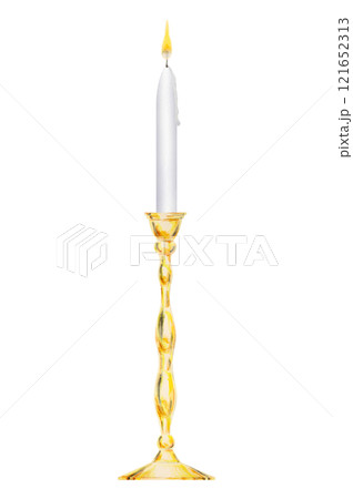 Watercolor isolated clipart of elegant gold candelabra, metal candlestick and white candle burning with yellow flame. Perfect for weddings, event decor, romantic dinners, Valentine's Day, Christmas 121652313