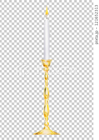 Watercolor isolated clipart of elegant gold candelabra, metal candlestick and white candle burning with yellow flame. Perfect for weddings, event decor, romantic dinners, Valentine's Day, Christmas 121652313
