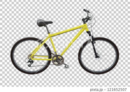 Yellow bicycle, side view. Black leather saddle and handles. Png clipart isolated on transparent background 121652507