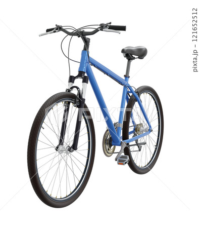 Blue bicycle, front side view. Black leather saddle and handles. Png clipart isolated on transparent background Blue bicycle, front side view. Black leather saddle and handles. Png clipart isolated on transparent background 121652512