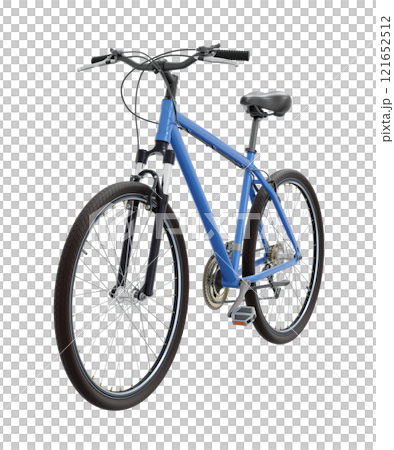 Blue bicycle, front side view. Black leather saddle and handles. Png clipart isolated on transparent background 121652512