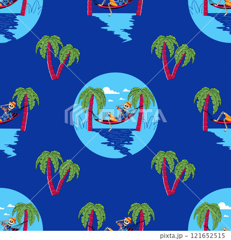 Seamless pattern featuring skeletons drinking cocktail on vacation 121652515