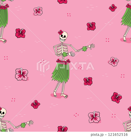 Seamless pattern featuring skeletons dancing in Hawaiian outfits on pink 121652516