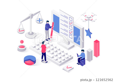 Online survey 3d isometric concept in geometry graphic design for web. People answering in digital questionnaire form, filling checkbox document, marking in test or exam page. Illustration. Online survey 3d isometric concept in geometry graphic design for web. People answering in digital questionnaire form, filling checkbox document, marking in test or exam page. Illustration. 121652562