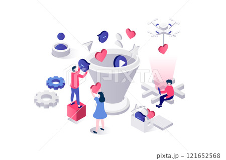 Social media funnel 3d isometric concept in geometry graphic design for web. People using marketing tool for driving online traffic and attracting new customers, increased sales. Illustration. 121652568