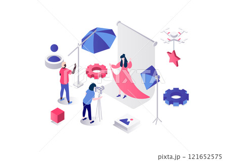 Photo studio 3d isometric concept in geometry graphic design for web. People working at professional photo shooting, photographer making portraits, while model posing in room. Illustration. 121652575