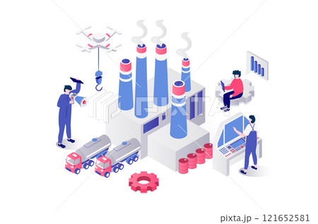 Industrial production 3d isometric concept in geometry graphic design for web. People work at factory infrastructure with chimney pipes, using trucks for transportation logistic. Illustration. 121652581