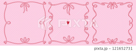 Vintage ribbon frames set in hand drawn doodle style for greeting card, wedding, menu, birthday, friendsmas, retro party invitation design. Wavy frames with bow in elegant coquette style. Vector. 121652731