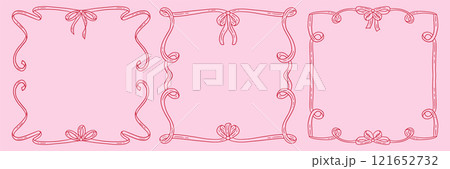 Vintage frame set in hand drawn doodle style for greeting card, wedding, menu, birthday, friendsmas, retro party invitation design. Wavy frames with bow in elegant coquette style. Vector illustration. 121652732
