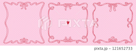 Vintage ribbon frames set in hand drawn doodle style for greeting card, wedding, menu, birthday, friendsmas, retro party invitation design. Wavy frames with bow in elegant coquette style. Vector. 121652733