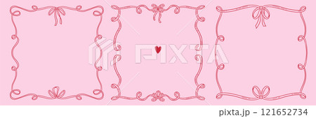 Vintage frame set in hand drawn doodle style for greeting card, wedding, menu, birthday, friendsmas, retro party invitation design. Wavy frames with bow in elegant coquette style. Vector illustration. 121652734