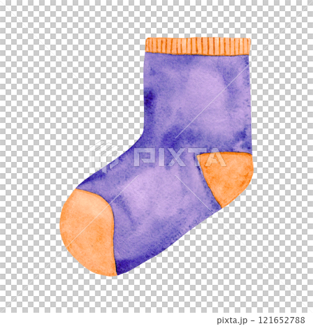 Illustration of a baby sock. The drawing is done in watercolor technique. The bootie is purple and beige. Hand-made for your design 121652788