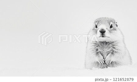 Black and white drawing adorable marmot standing in snowy landscape with copy space. Happy Groundhog Day. 121652879