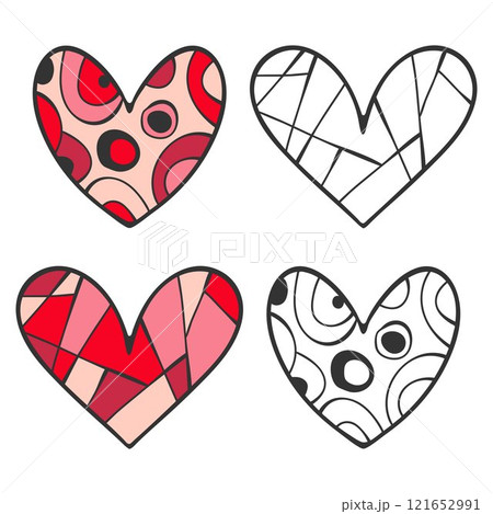 Heart shape icon colourful, outline set. Hand drawn doodle line brush cartoon design, decorative Zen tangle isolated elements. Valentine Love pink colour palette. White background. Vector illustration 121652991