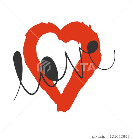 Heart symbol, Love text lettering abstract card. Doodle hand drawn sketch style illustration, blob brush red line contour, isolated elements. Kit for web cards. White background. Vector 121652992