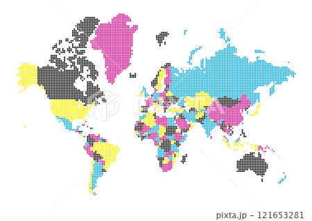 A colorful political world map featuring squares that represent different countries and regions. Each area is distinctly colored, highlighting global divisions and territories. 121653281