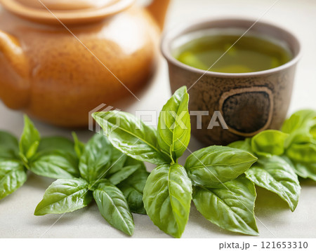 A close-up of a rustic tea set with fresh green basil leaves A close-up of a rustic tea set with fresh green basil leaves 121653310