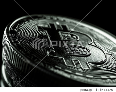 Close-up of a black Bitcoin coin with intricate digital engravings 121653320