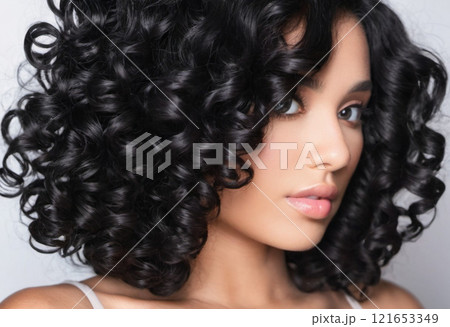 The image features a close-up of a person with stunning, shiny black curls that cascade elegantly around their face, highlighting natural beauty and charm. Generative AI. 121653349