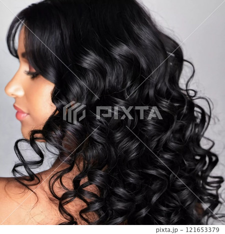The radiant curls frame a youthful face, showcasing gorgeous black, shiny hair with defined spirals. Soft light enhances the texture and depth of the curls, creating a stunning look. Generative AI. The radiant curls frame a youthful face, showcasing gorgeous black, shiny hair with defined spirals. Soft light enhances the texture and depth of the curls, creating a stunning look. Generative AI. 121653379