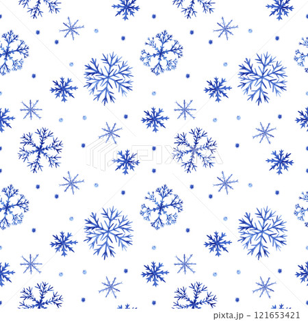 Seamless snowflake pattern. Illustration is made in watercolor technique. Fluffy blue snowflakes on a transparent background for your design Seamless snowflake pattern. Illustration is made in watercolor technique. Fluffy blue snowflakes on a transparent background for your design 121653421