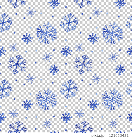 Seamless snowflake pattern. Illustration is made in watercolor technique. Fluffy blue snowflakes on a transparent background for your design Seamless snowflake pattern. Illustration is made in watercolor technique. Fluffy blue snowflakes on a transparent background for your design 121653421