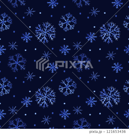 Seamless snowflake pattern. Illustration is made in watercolor technique. Fluffy blue snowflakes on a transparent background for your design 121653436