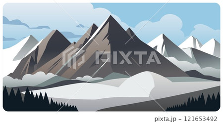 Flat graphic vector illustration of abstract snowy mountain landscape with sharp triangular snowcapped mount peaks and fir forest on foothills at winter day. Cartoon concept mountaineering or hiking. 121653492