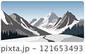 Flat graphic vector illustration of abstract snowy mountain landscape with road to snowcapped mount peaks and fir forest on foothills at winter day. Cartoon sketch concept for mountaineering or hiking 121653493