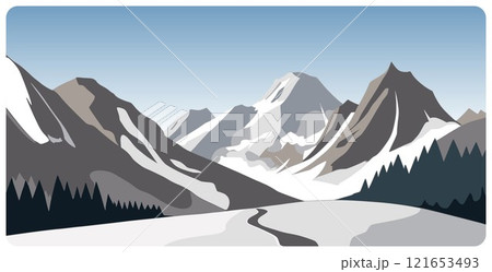 Flat graphic vector illustration of abstract snowy mountain landscape with road to snowcapped mount peaks and fir forest on foothills at winter day. Cartoon sketch concept for mountaineering or hiking Flat graphic vector illustration of abstract snowy mountain landscape with road to snowcapped mount peaks and fir forest on foothills at winter day. Cartoon sketch concept for mountaineering or hiking 121653493
