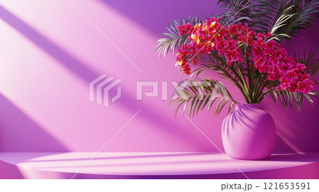 Pink vase with tropical flowers in sunlight 121653591