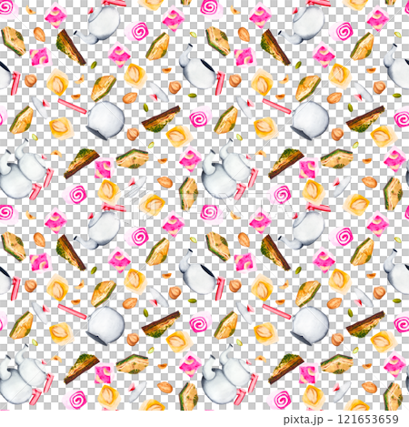 Turkiye and sweets. Watercolor seamless pattern on an isolated background. Can be used for your designs Turkiye and sweets. Watercolor seamless pattern on an isolated background. Can be used for your designs 121653659