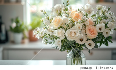 Elegant mixed floral bouquet with roses in vase 121653673
