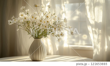 White Wildflowers in Vase by Sunlit Window White Wildflowers in Vase by Sunlit Window 121653693