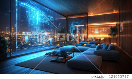 Futuristic living room with digital cityscape display 121653737