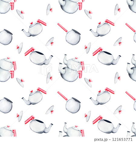 Teapot. Watercolor pattern on an isolated background. Can be used for your design cards, posters, prints 121653771
