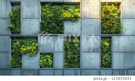 Modern concrete wall with integrated green plants 121653841