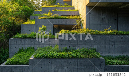 Tiered concrete planters with lush green plants 121653842