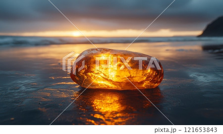 Glowing amber stone on beach at sunset 121653843