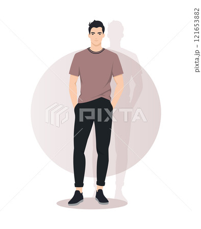 Vector illustration. A man in a burgundy T-shirt and black pants. Warm tones add comfort and confidence to the image. 121653882