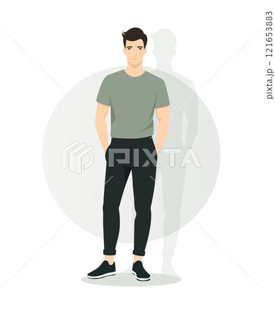 Vector illustration. A young man in a light green T-shirt and black pants. The color adds freshness and naturalness to the style. 121653883