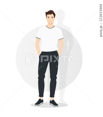 Vector illustration. A man in a classic white t-shirt and black pants. Simplicity and versatility create a basic image. 121653884