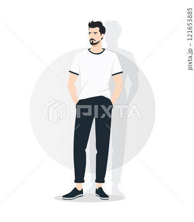 Vector illustration. A young man in a white t-shirt with dark inserts and black pants. Dynamics and modernity. 121653885