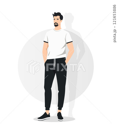Vector illustration. A young man in a white t-shirt with dark inserts and black pants. Dynamics and modernity. 121653886