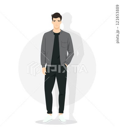 A man in a dark gray jacket and black trousers creates an image of understated elegance. An ideal choice for cool weather. A man in a dark gray jacket and black trousers creates an image of understated elegance. An ideal choice for cool weather. 121653889