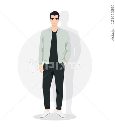 Vector illustration. A man in a light green jacket, a white sweater and dark pants. An image that is perfect for spring walks or light formal meetings. Vector illustration. A man in a light green jacket, a white sweater and dark pants. An image that is perfect for spring walks or light formal meetings. 121653890